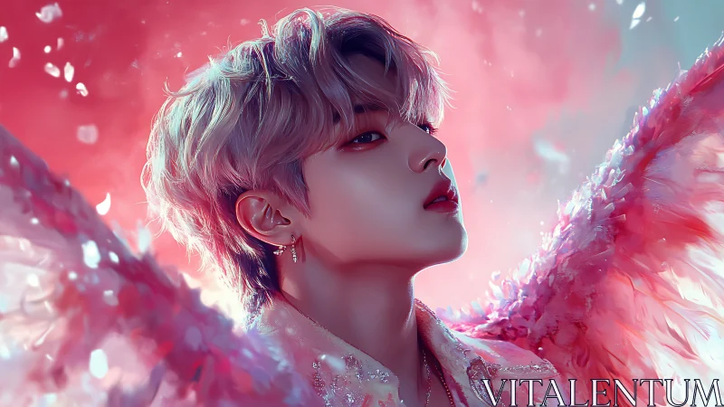 Iridescent winged portrait in ethereal rose luminescence.