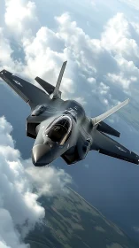 Stealth fighter jet slices through bright high-altitude cloudscape.