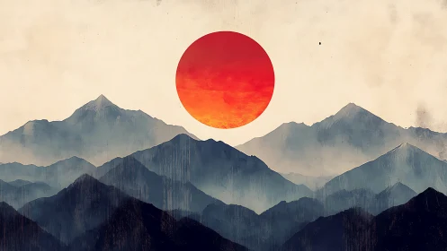 Quiet crimson sun rising over misty layered mountains.