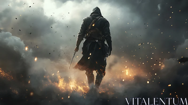 Lone hooded warrior advancing through burning battlefield.