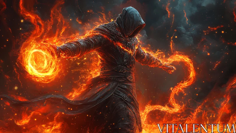 Hooded robed figure manipulating swirling orange fire arcs.