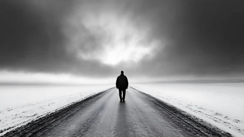 Silhouette walks alone down icy road under dark clouds