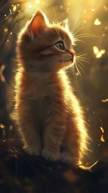 Luminescent Kitten Contemplates the Golden Bokeh Symphony Surrounding Its Tiny Form