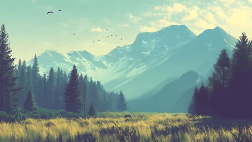 Sunlit alpine valley opens beneath towering misty peaks