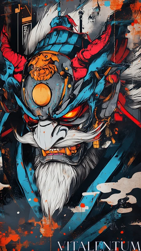 Demonic oni war mask rendered in vibrant chromatic vectors.