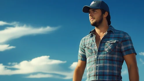 Sunlit plaid-shirt man under deep cyan open sky horizon.