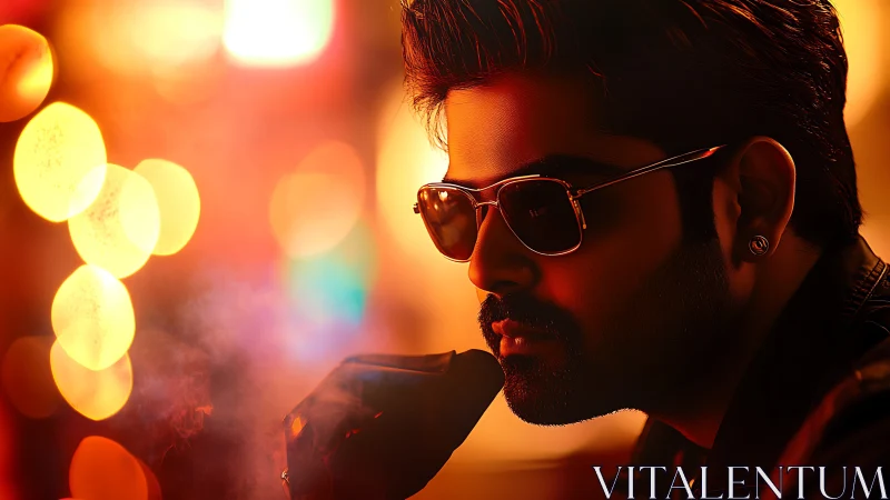 Man in sunglasses with bokeh lights and warm tones.