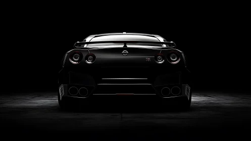 Rear-lit black sports coupe in dramatic low-key studio lighting.