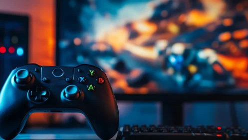 Game controller closeup before blurred action screen.