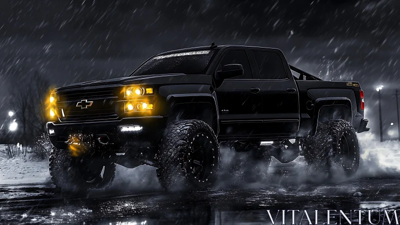 Lifted black pickup truck powers through night storm.