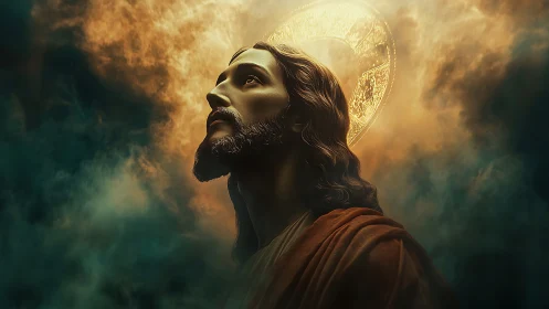 Digital sacred portrait of bearded man with glowing halo.