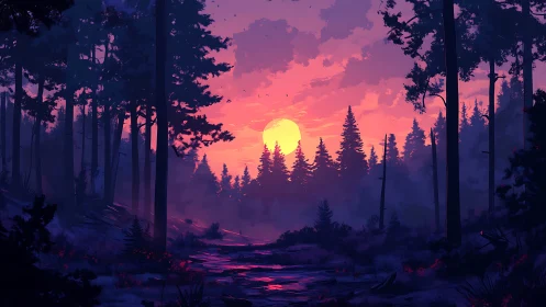 Forest Sunset. Golden Sun Through Purple Mist.