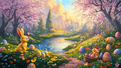 Vibrant spring valley with stylized rabbits, eggs, and castle backdrop