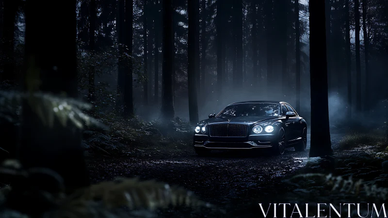 Luxury sedan with headlights on in dark forest setting.