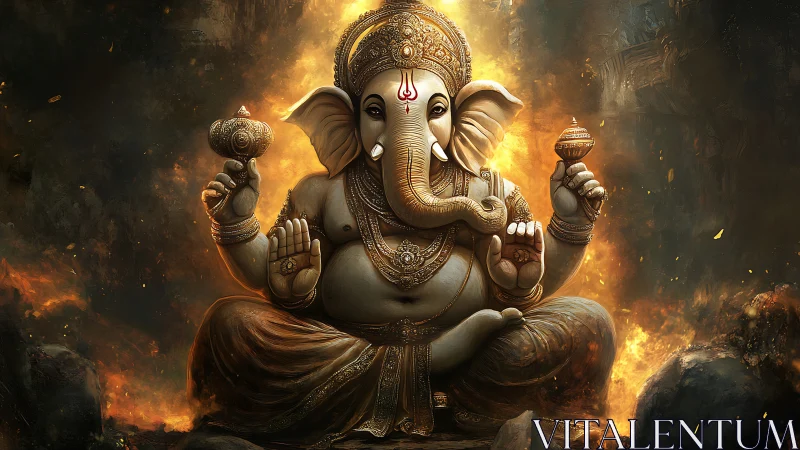 Majestic Ganesha statue seated in radiant fiery aura