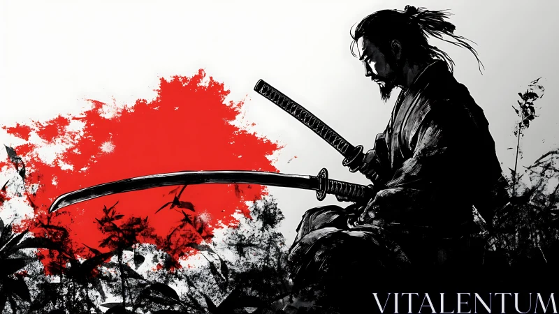 Samurai silhouette studies dual katanas against abstract red sun