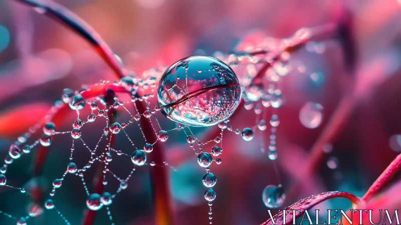 Macro refraction on dew-laced web over magenta foliage.