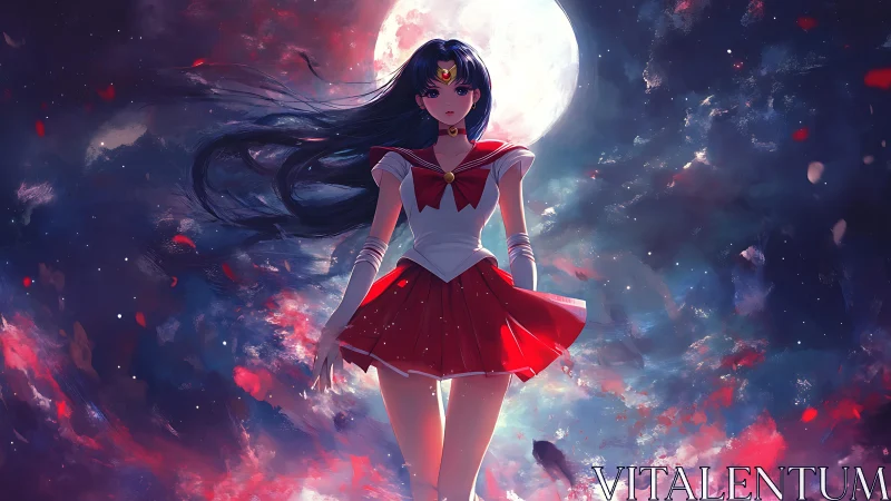 Anime girl in sailor uniform before luminous full moon.