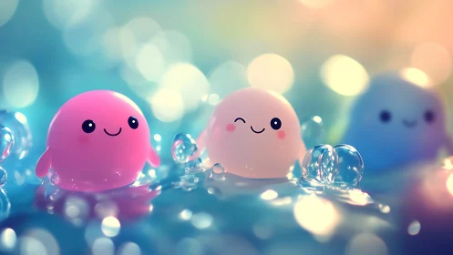 Cute jelly characters in glowing pastel water bokeh scene.
