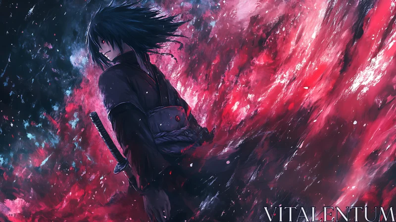 Dark swordsman in turbulent red energy field rendered with dynamic strokes