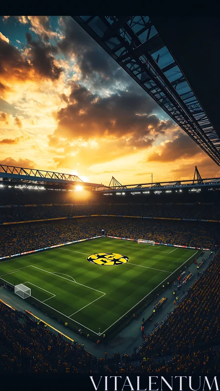 Sunset-lit football arena with packed stands and vibrant pitch.