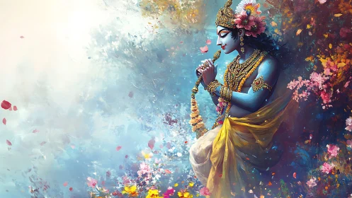 Gentle blue deity in a swirling garden of divine color.