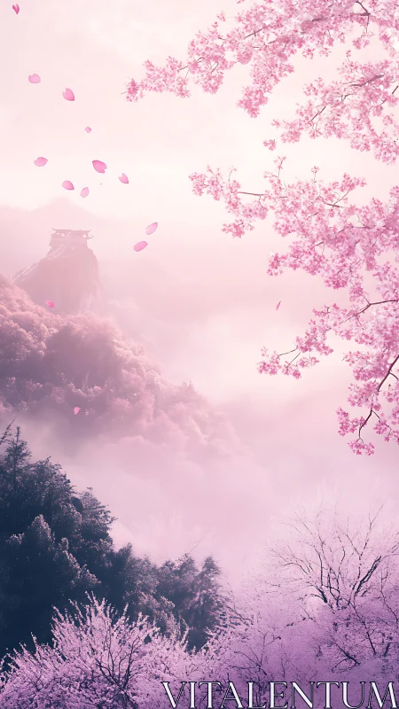 Elevated mountain shrine framed by cherry blossom canopy in mist