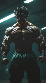 Ultra-muscled athlete under dramatic teal gym lights.