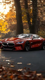 Crimson BMW concept prowls a golden autumn forest road.