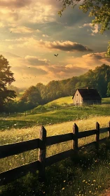 Golden hour rural meadow with wooden fence and cottage barn