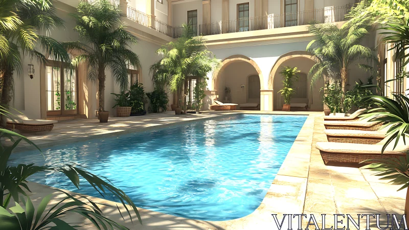 Sunlit Mediterranean courtyard pool with lush palms and loungers.