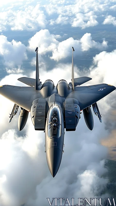 Modern fighter jet flying above dense white cloud layer.