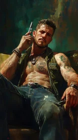 Brooding tattooed tough guy rests with gun in moody light
