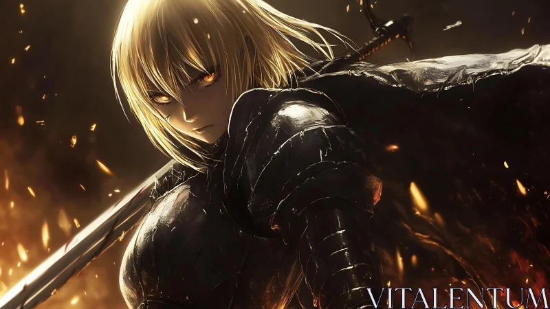 Armored blonde warrior amid ember field with specular highlights