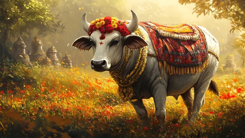 Sacred adorned cow stands in golden temple garden light