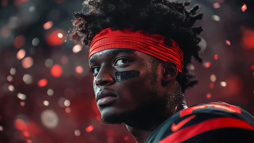 Game-ready football player stands focused under glowing lights