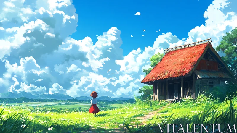 Country field landscape with girl and old wooden house.