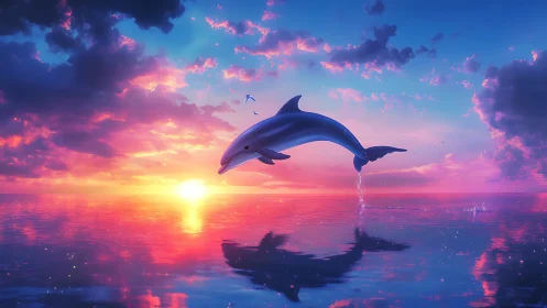 Graceful dolphin arcs above a neon sunset ocean horizon