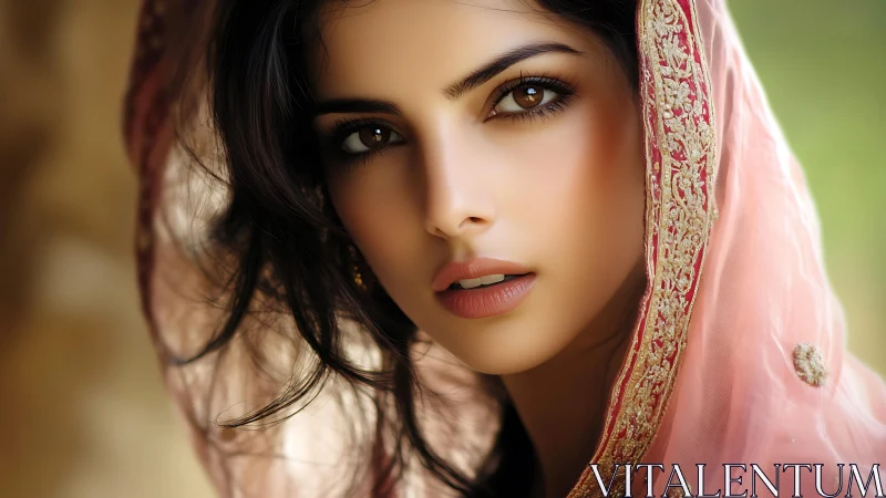 Portrait of woman in embroidered pink veil, soft focus background.