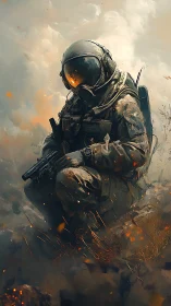 Digital painting of kneeling tactical astronaut amid embers.