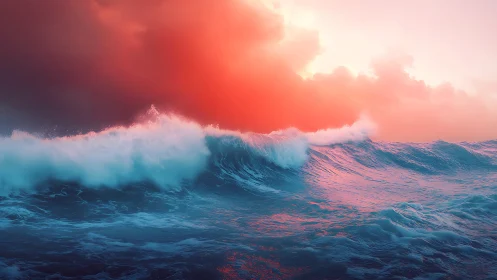 Crimson dawn surf ignites neon-tinted waves in motion.