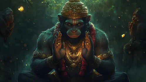 Divine simian warrior meditates in a glowing forest shrine