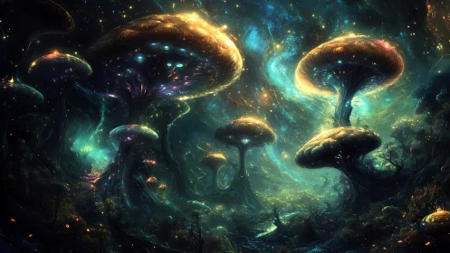 Bioluminescent mushroom colossi in a cosmic forest nightscape.