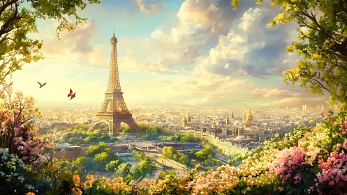Bloom-kissed Eiffel morning cradled in storybook Paris skies.