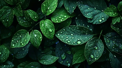 Rain-kissed emerald leaves glowing in deep forest hush.