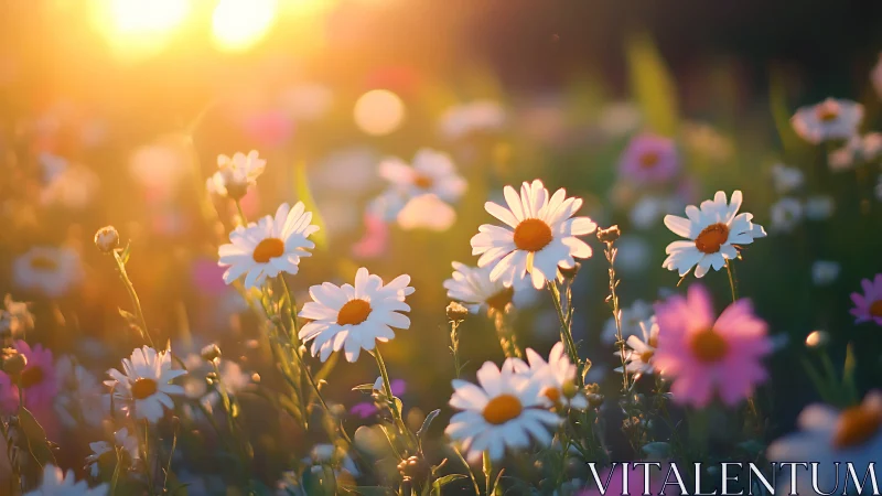 Daisies glowing in golden hour sunlight with soft bokeh