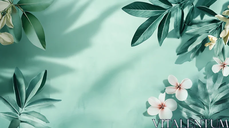 Tropical foliage and flowers frame a flat teal background