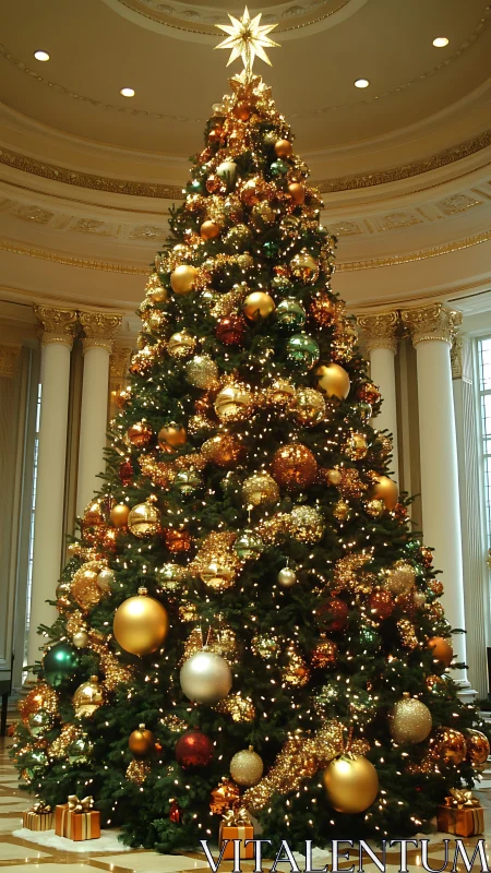 Grand Christmas tree glows under ornate domed ceiling