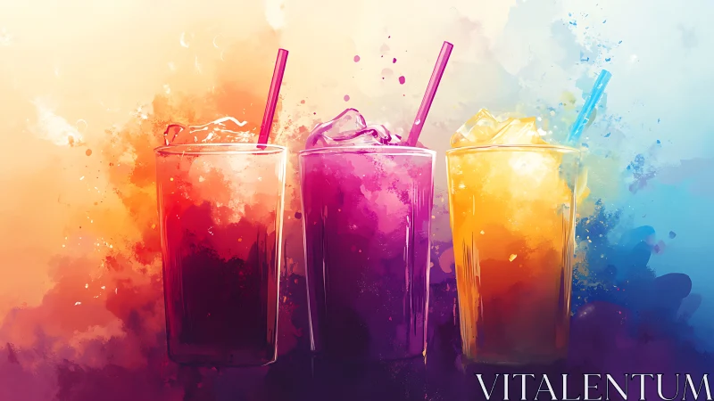 Three Gradient Beverage Glasses with Vibrant Watercolor Effects and Straws