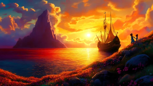 Sunset-illuminated bay with sailing ship and distant monolith